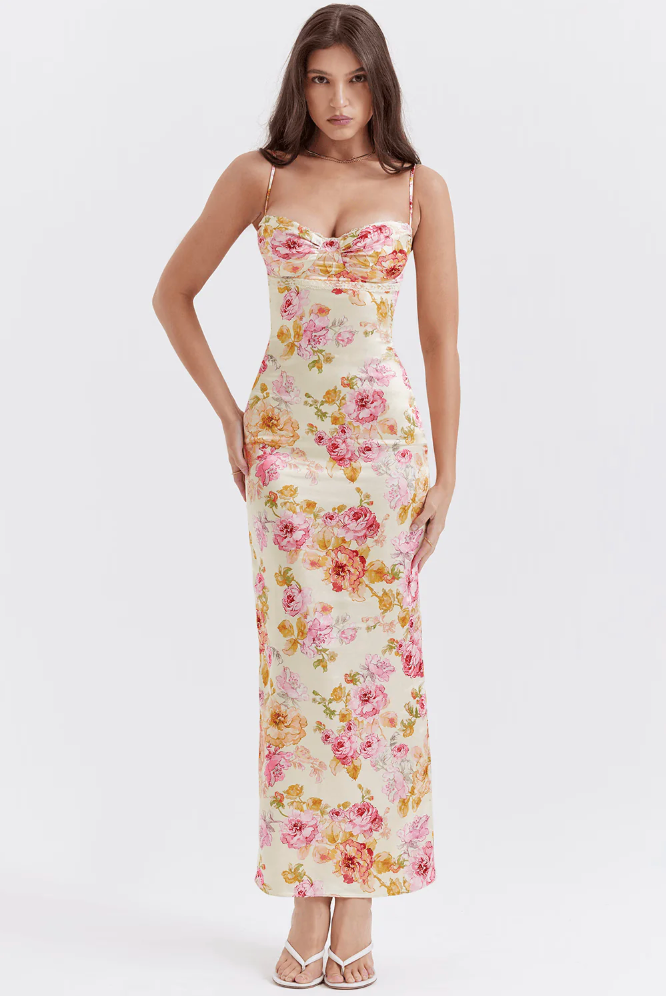 Floral satin maxi dress with sweetheart bustier bodice and spaghetti straps