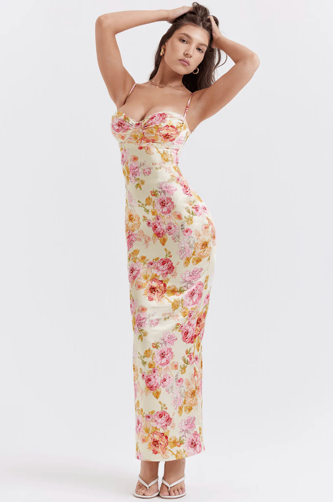 Floral satin maxi dress with sweetheart bustier bodice and spaghetti straps - view 3