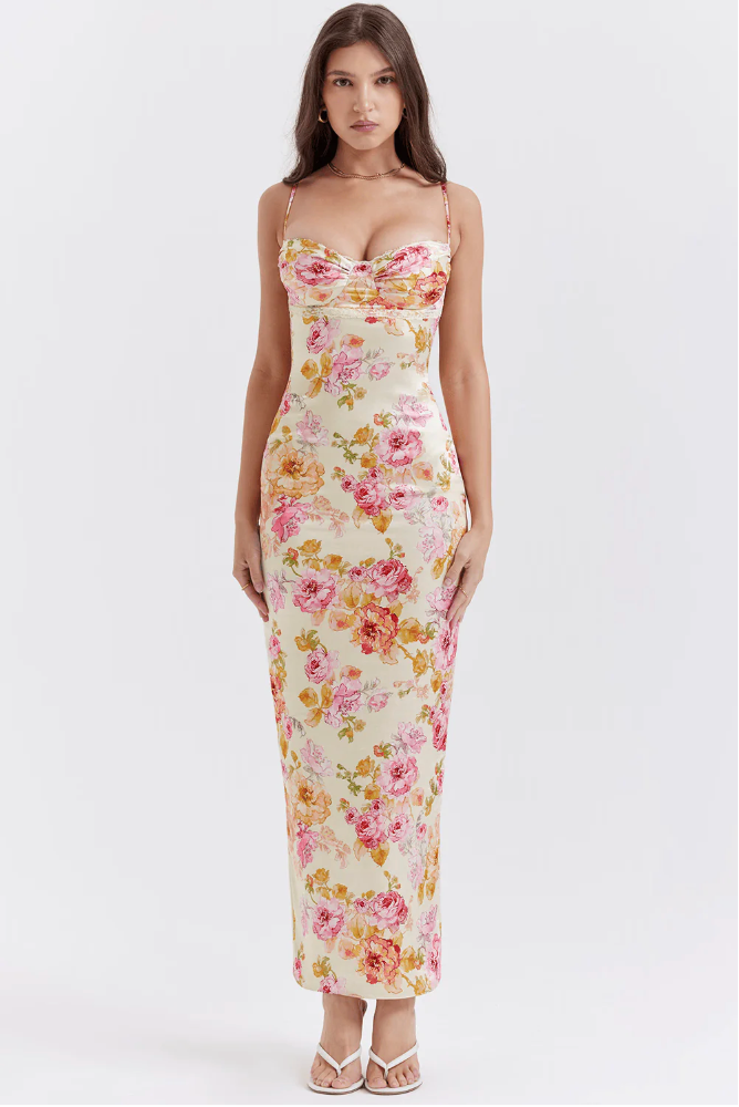 Floral satin maxi dress with sweetheart bustier bodice and spaghetti straps - view 4