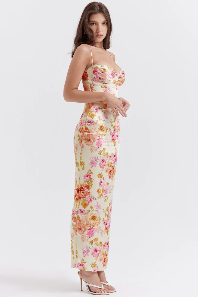 Floral satin maxi dress with sweetheart bustier bodice and spaghetti straps - view 5