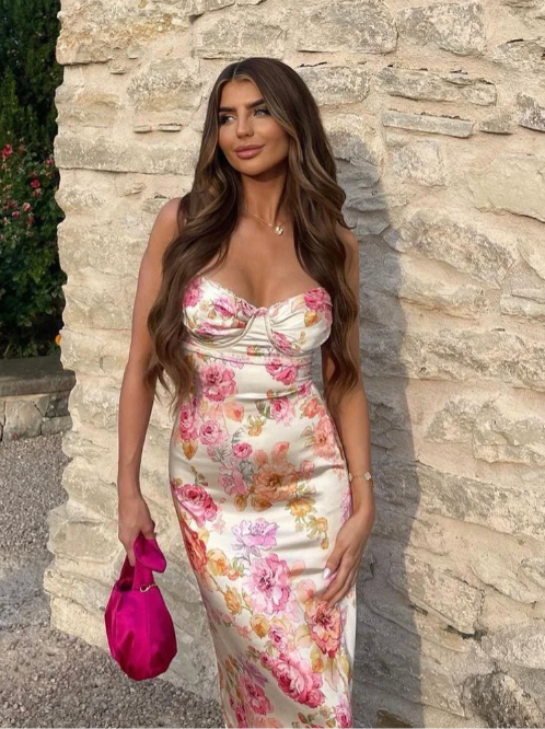 Floral satin maxi dress with sweetheart bustier bodice and spaghetti straps - view 6