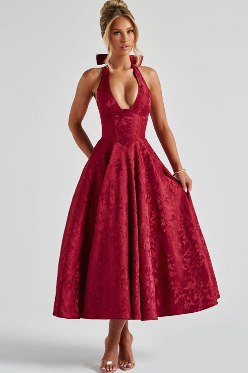 Halter jacquard formal dress with plunging neckline and full midi skirt - view 10