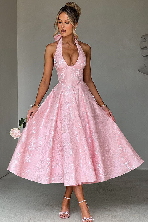 Halter jacquard formal dress with plunging neckline and full midi skirt - view 11