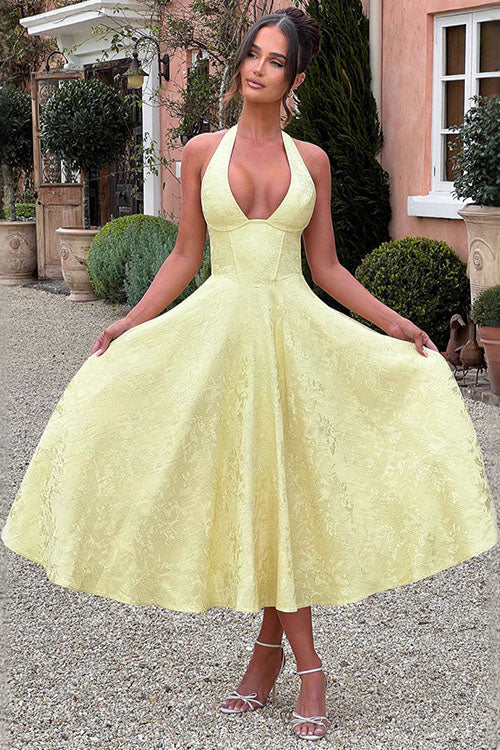 Halter jacquard formal dress with plunging neckline and full midi skirt - view 12