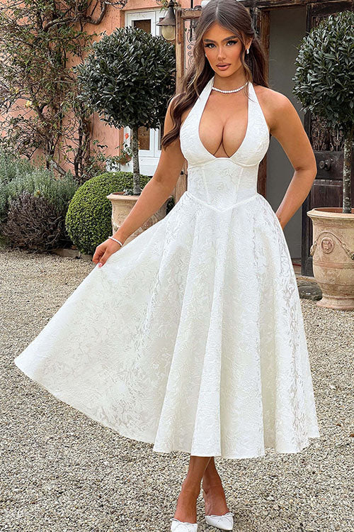 Halter jacquard formal dress with plunging neckline and full midi skirt - view 13
