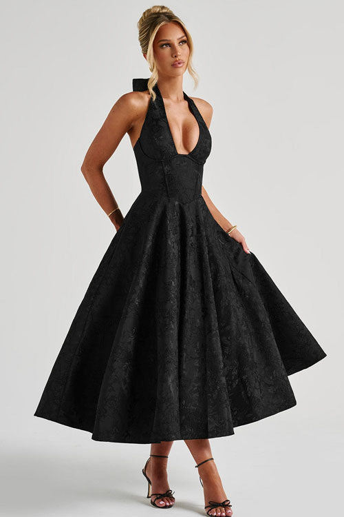 Halter jacquard formal dress with plunging neckline and full midi skirt - view 14