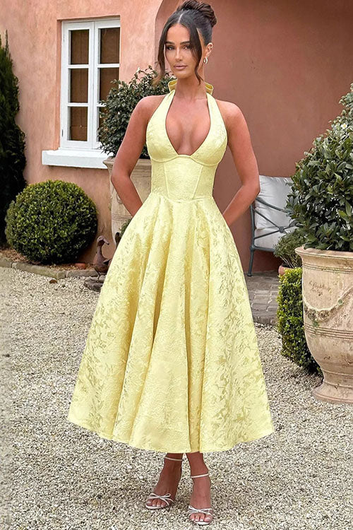 Halter jacquard formal dress with plunging neckline and full midi skirt - view 17