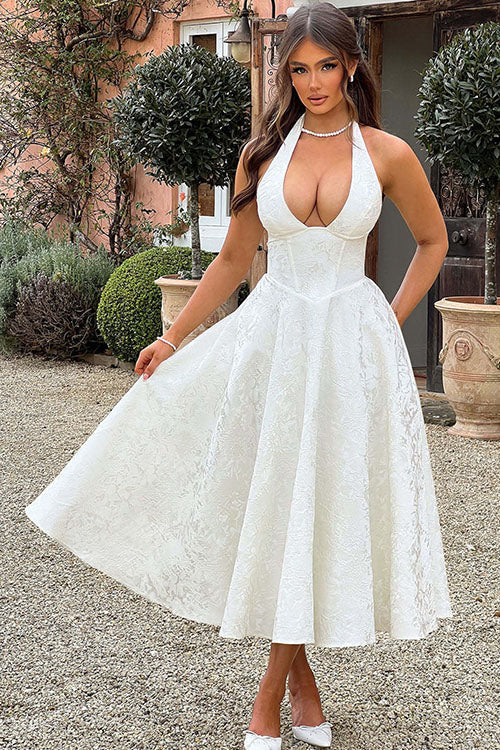 Halter jacquard formal dress with plunging neckline and full midi skirt - view 18