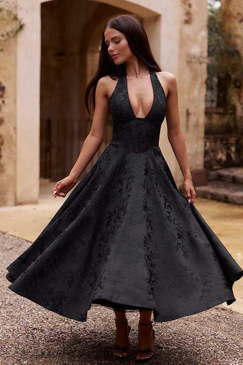 Halter jacquard formal dress with plunging neckline and full midi skirt - view 19