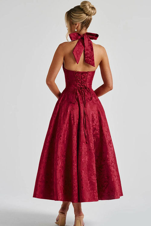 Halter jacquard formal dress with plunging neckline and full midi skirt - view 20