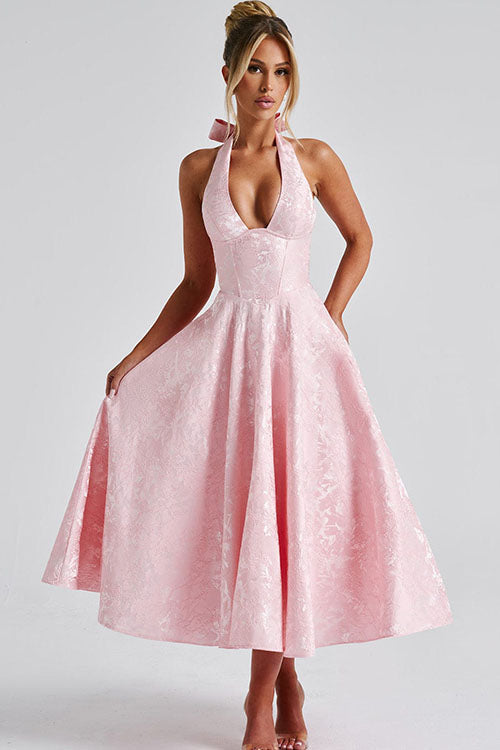 Halter jacquard formal dress with plunging neckline and full midi skirt - view 21