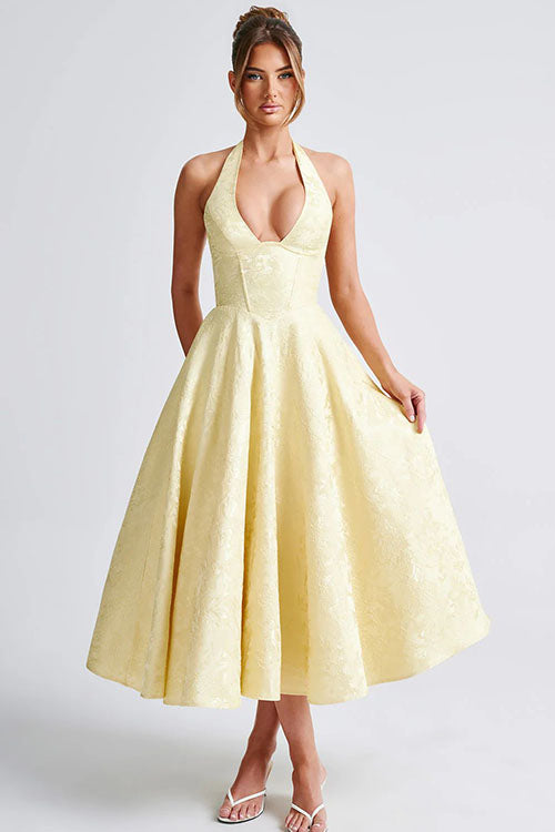 Halter jacquard formal dress with plunging neckline and full midi skirt - view 22