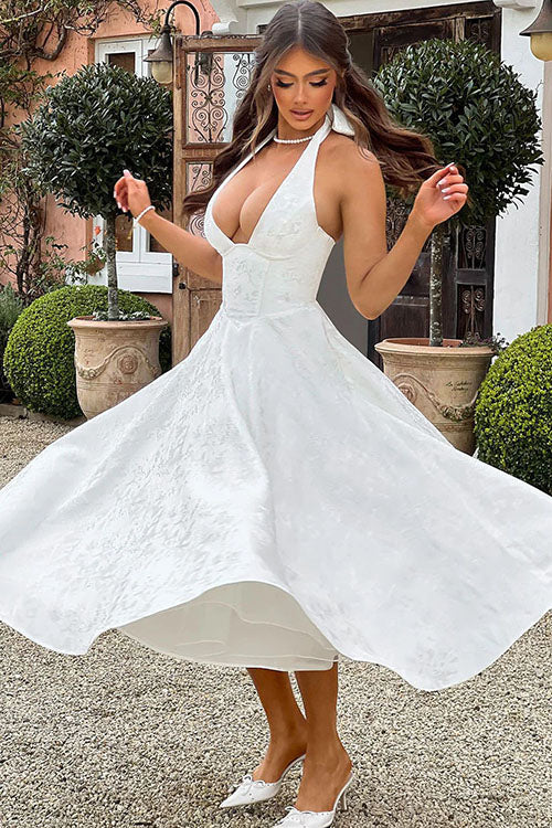 Halter jacquard formal dress with plunging neckline and full midi skirt - view 23