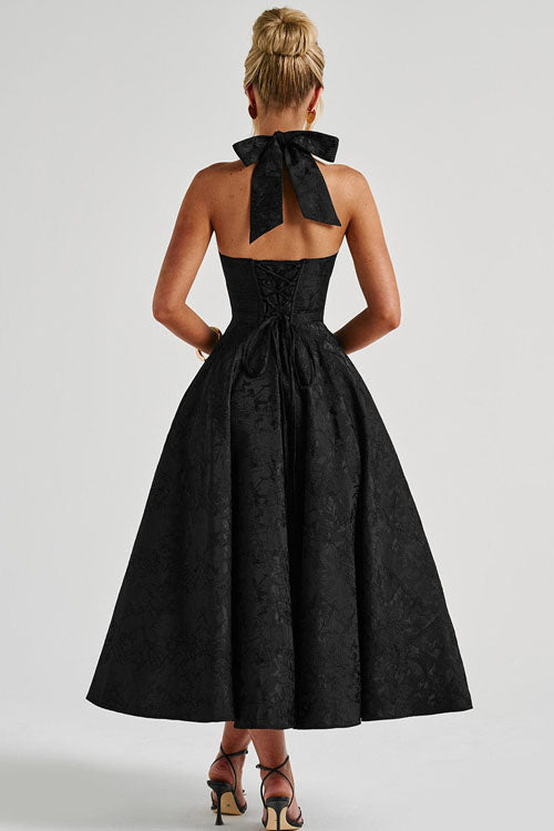 Halter jacquard formal dress with plunging neckline and full midi skirt - view 24