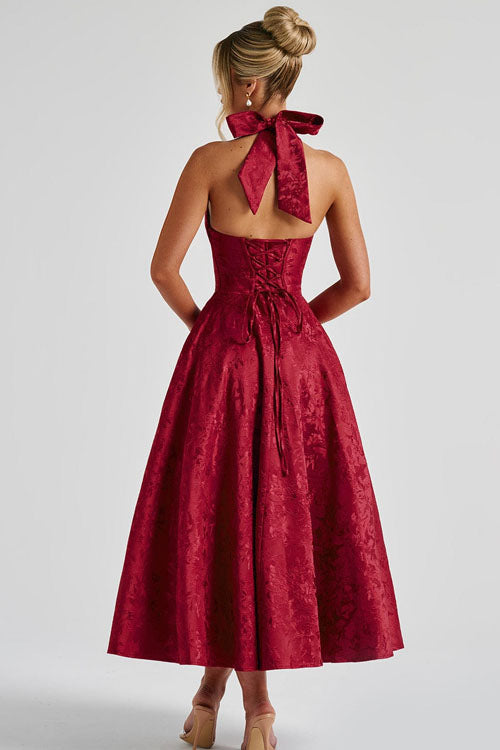 Halter jacquard formal dress with plunging neckline and full midi skirt - view 25