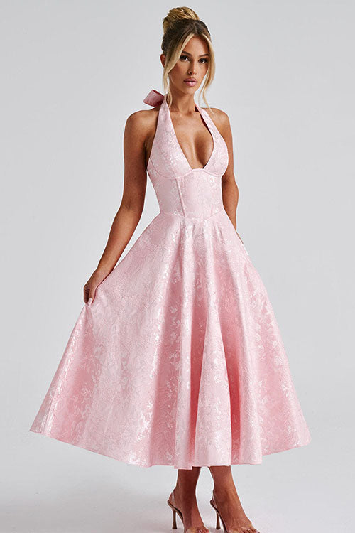 Halter jacquard formal dress with plunging neckline and full midi skirt - view 26