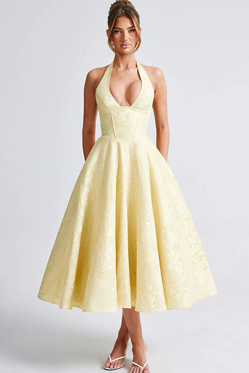 Halter jacquard formal dress with plunging neckline and full midi skirt - view 27