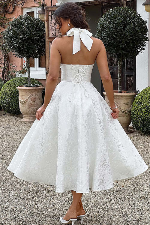Halter jacquard formal dress with plunging neckline and full midi skirt - view 28