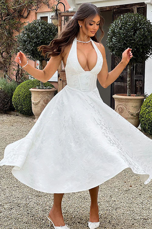 Halter jacquard formal dress with plunging neckline and full midi skirt - view 29