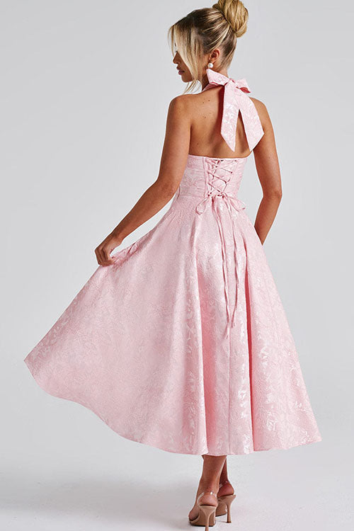 Halter jacquard formal dress with plunging neckline and full midi skirt - view 30