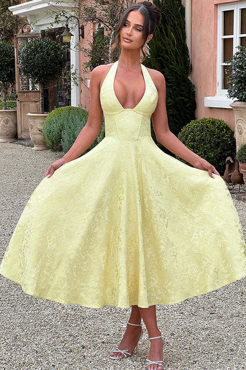 Halter jacquard formal dress with plunging neckline and full midi skirt - view 31