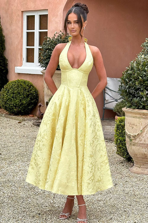 Halter jacquard formal dress with plunging neckline and full midi skirt - view 33