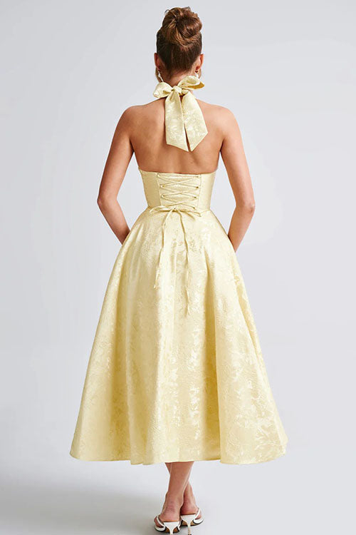 Halter jacquard formal dress with plunging neckline and full midi skirt - view 34