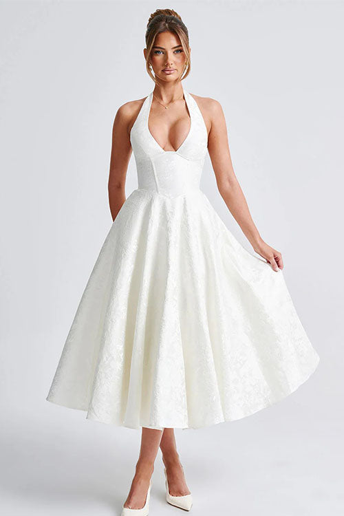 Halter jacquard formal dress with plunging neckline and full midi skirt - view 35