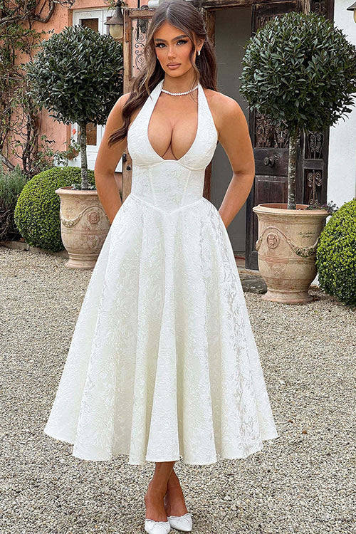 Halter jacquard formal dress with plunging neckline and full midi skirt - view 36