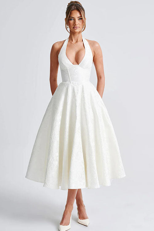 Halter jacquard formal dress with plunging neckline and full midi skirt - view 37