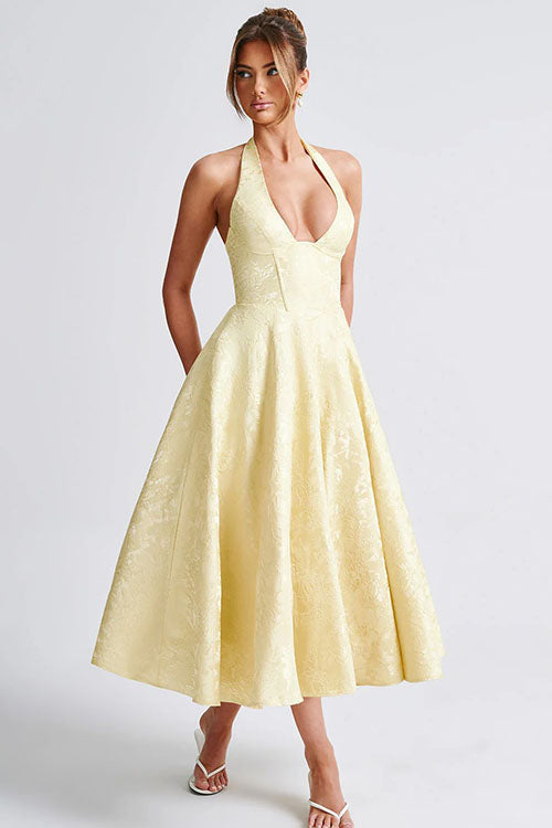 Halter jacquard formal dress with plunging neckline and full midi skirt - view 38