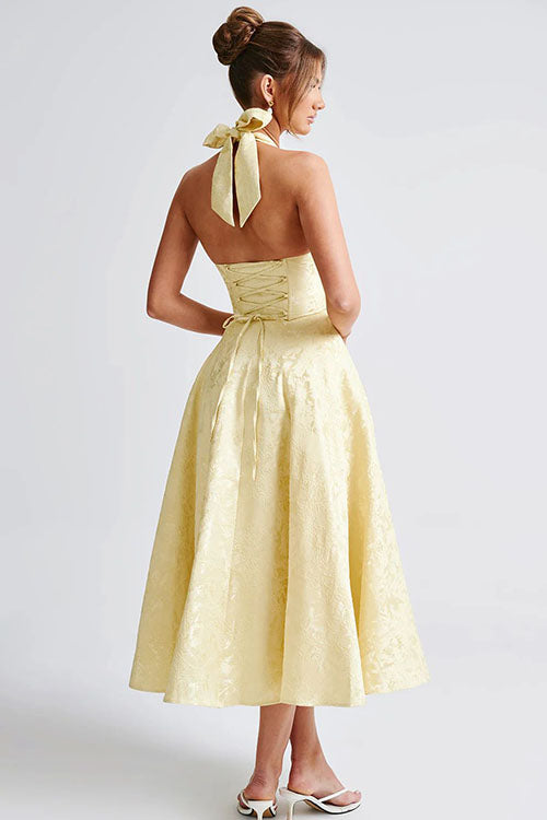 Halter jacquard formal dress with plunging neckline and full midi skirt - view 39