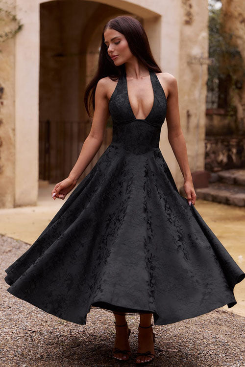 Halter jacquard formal dress with plunging neckline and full midi skirt - view 4