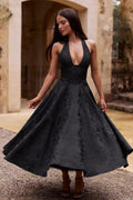 Halter jacquard formal dress with plunging neckline and full midi skirt - view 4