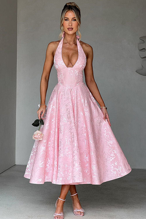 Halter jacquard formal dress with plunging neckline and full midi skirt - view 6