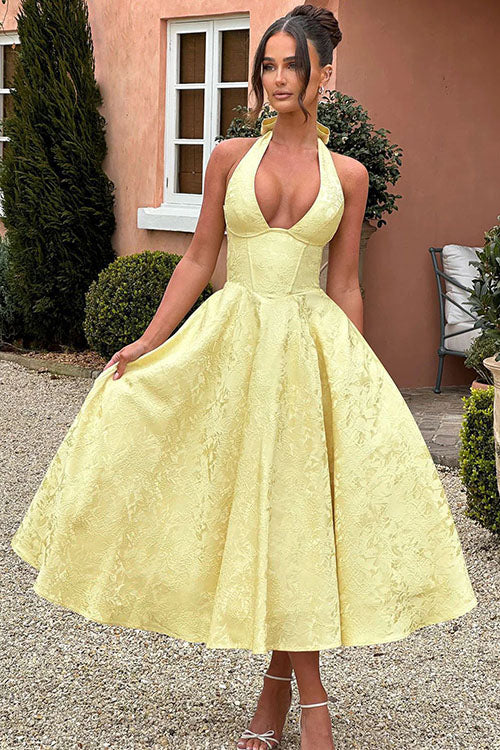 Halter jacquard formal dress with plunging neckline and full midi skirt - view 7