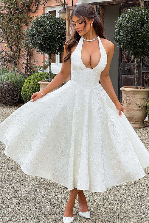 Halter jacquard formal dress with plunging neckline and full midi skirt - view 8