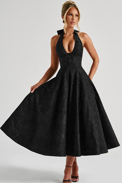 Halter jacquard formal dress with plunging neckline and full midi skirt - view 9