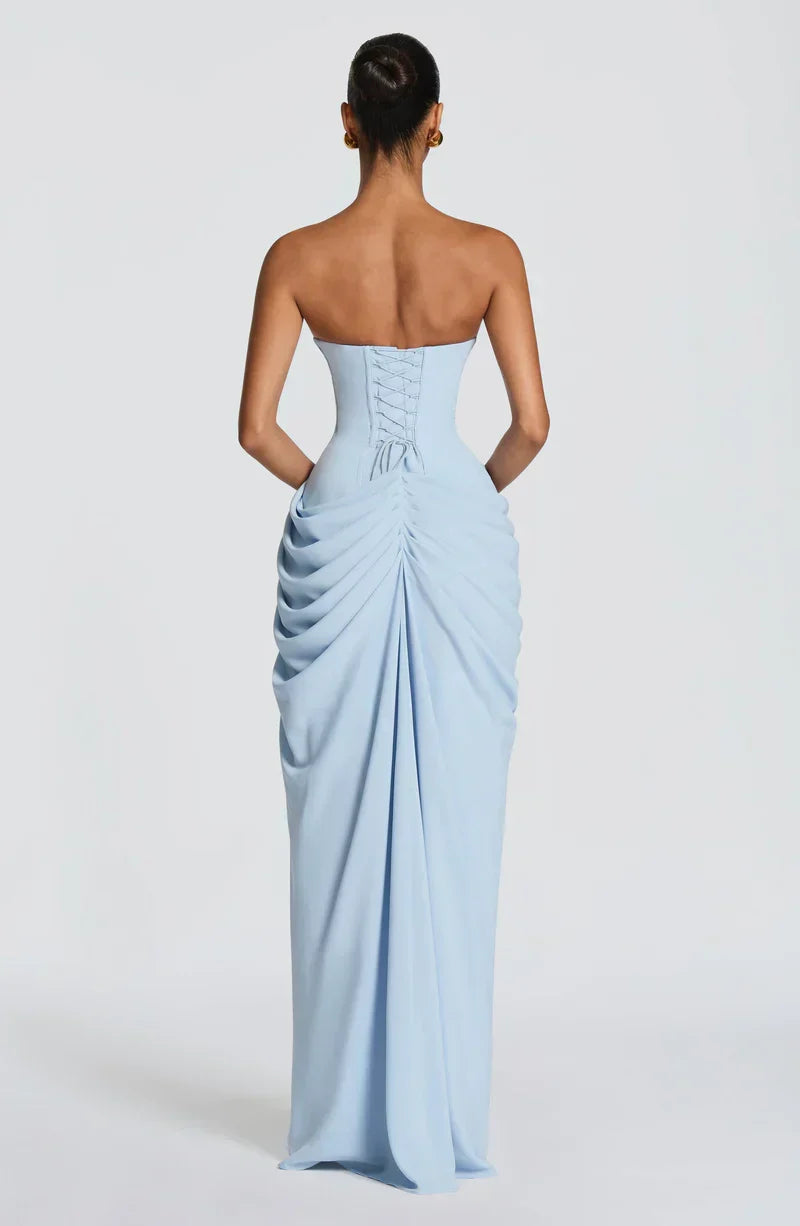 Draped strapless dress with corset bodice, lace-up back and high front slit, floor-length maxi dress - view 12
