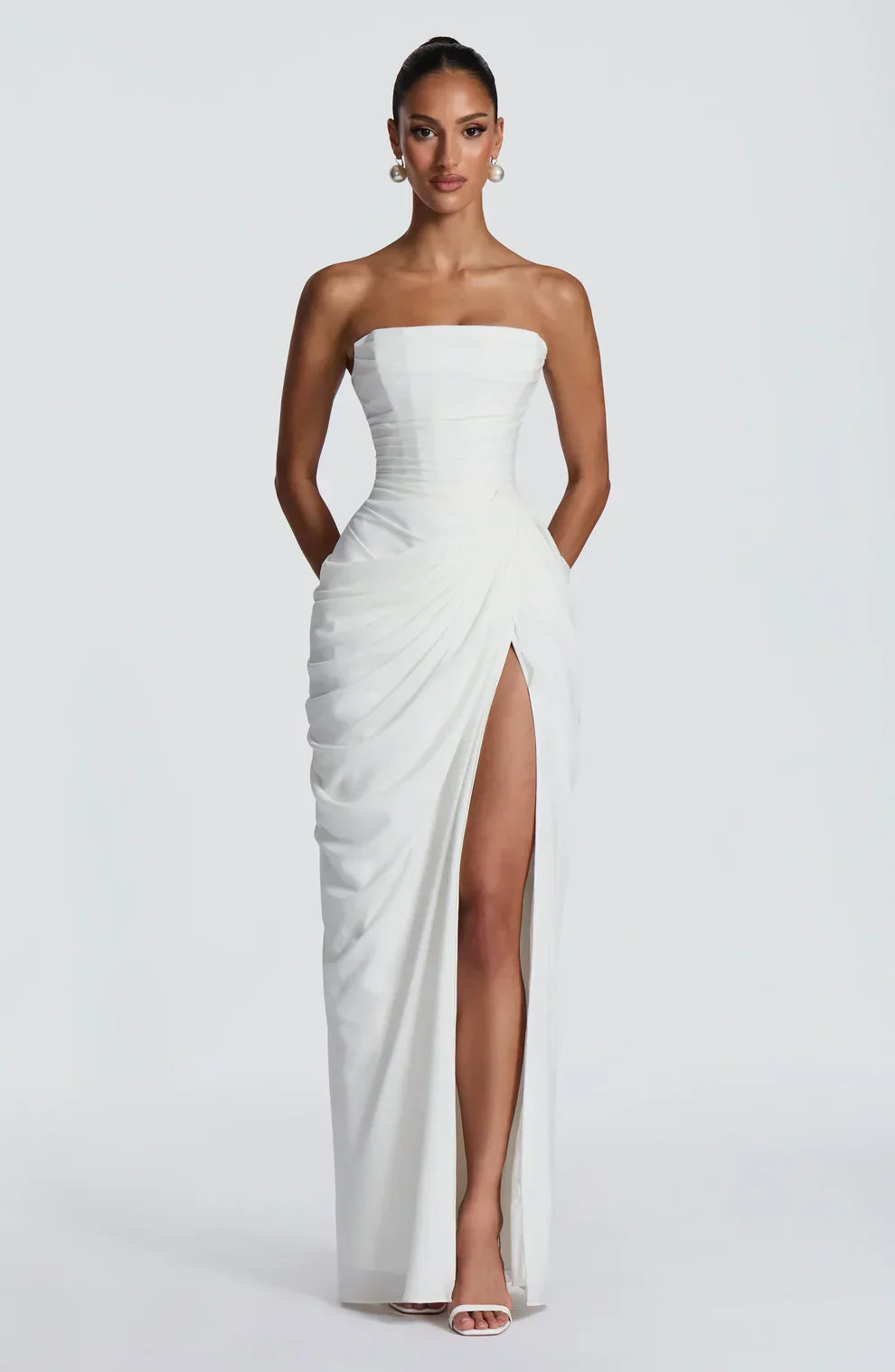 Draped strapless dress with corset bodice, lace-up back and high front slit, floor-length maxi dress - view 14
