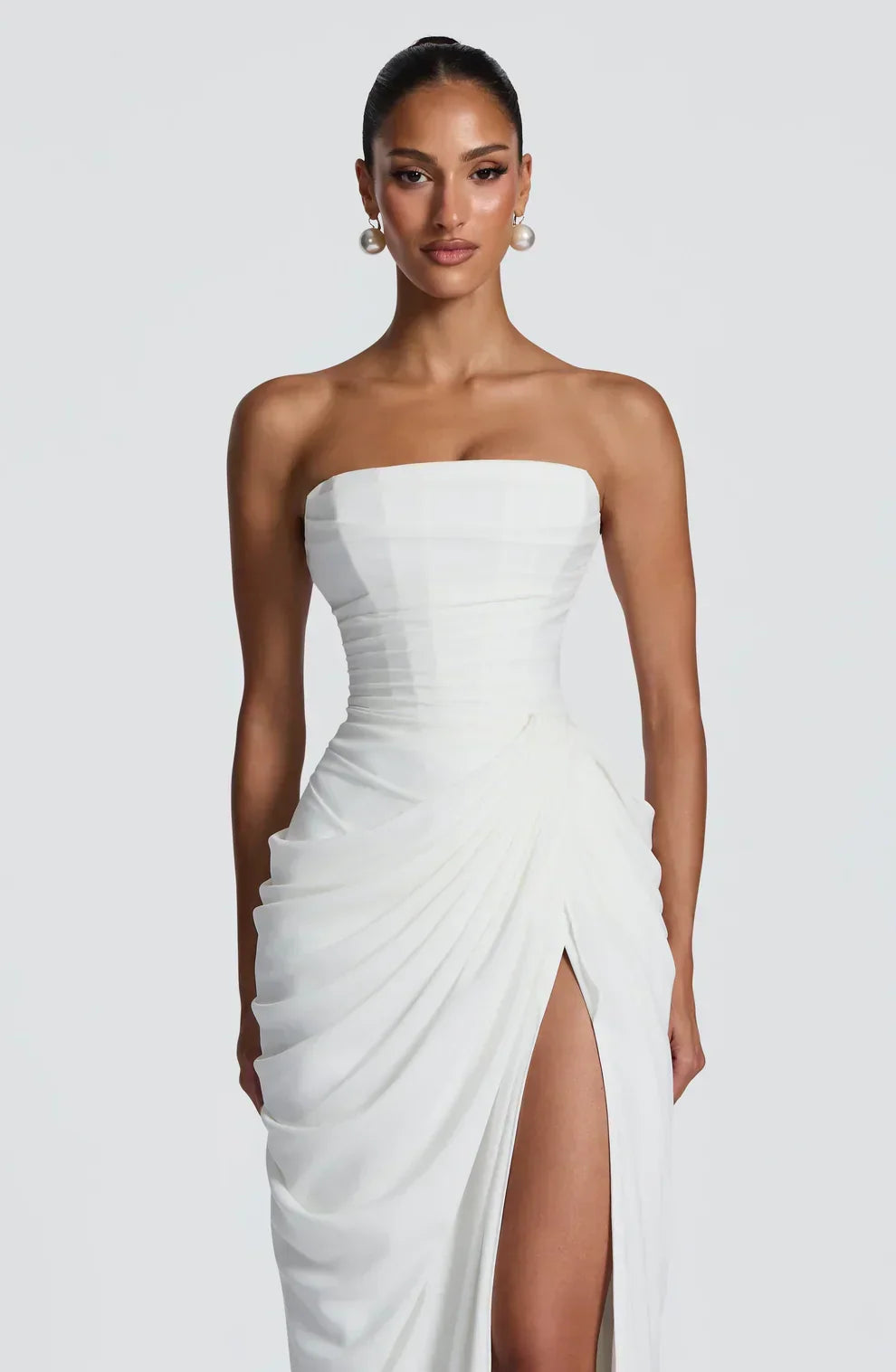 Draped strapless dress with corset bodice, lace-up back and high front slit, floor-length maxi dress - view 15