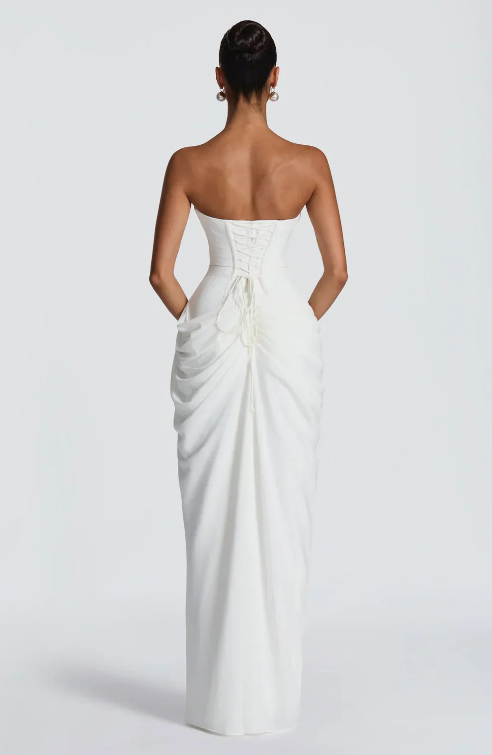 Draped strapless dress with corset bodice, lace-up back and high front slit, floor-length maxi dress - view 16