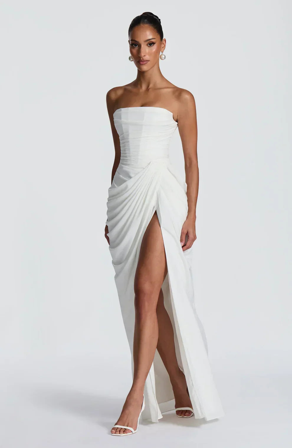 Draped strapless dress with corset bodice, lace-up back and high front slit, floor-length maxi dress - view 17