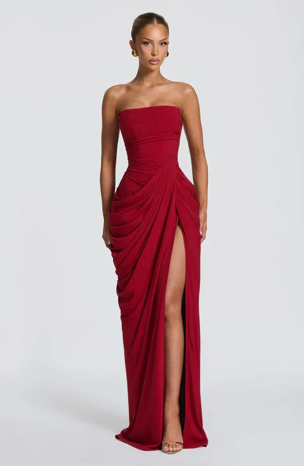 Draped strapless dress with corset bodice, lace-up back and high front slit, floor-length maxi dress - view 18