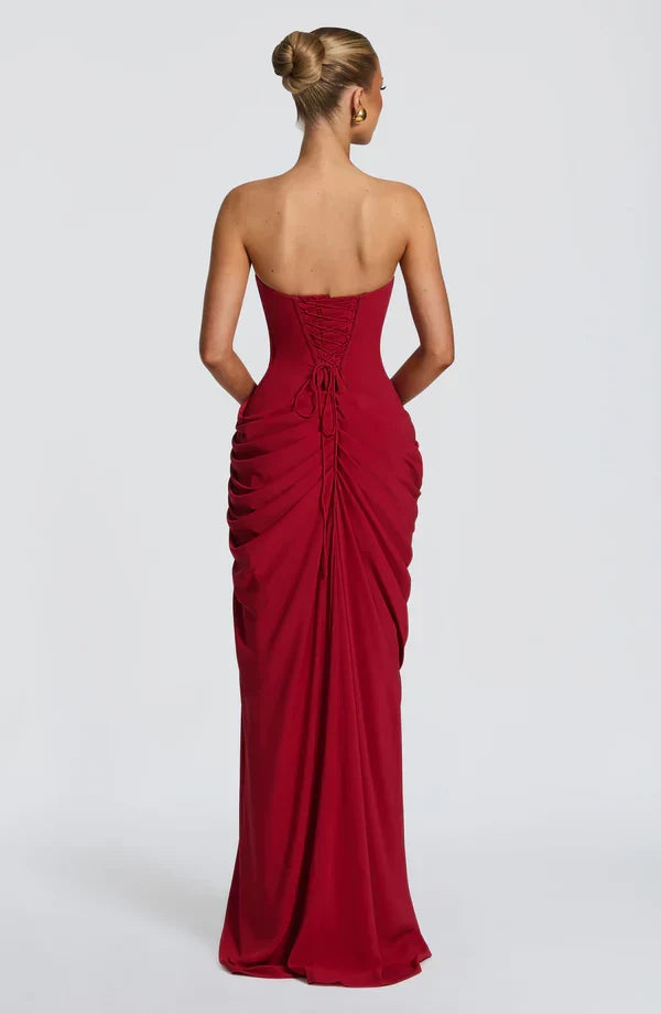 Draped strapless dress with corset bodice, lace-up back and high front slit, floor-length maxi dress - view 19