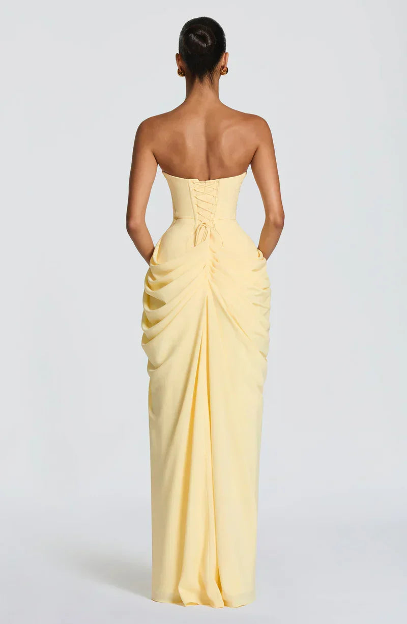 Draped strapless dress with corset bodice, lace-up back and high front slit, floor-length maxi dress - view 2