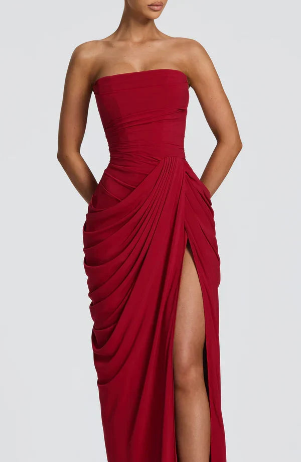 Draped strapless dress with corset bodice, lace-up back and high front slit, floor-length maxi dress - view 20