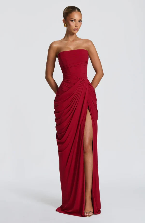 Draped strapless dress with corset bodice, lace-up back and high front slit, floor-length maxi dress - view 21