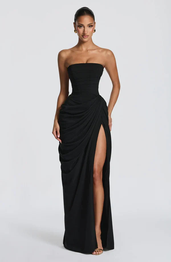 Draped strapless dress with corset bodice, lace-up back and high front slit, floor-length maxi dress - view 22