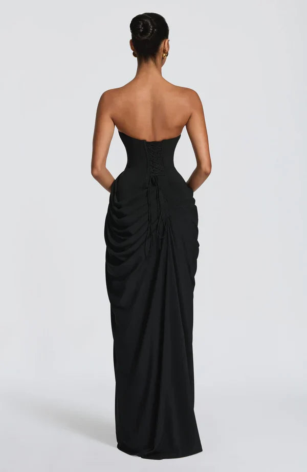 Draped strapless dress with corset bodice, lace-up back and high front slit, floor-length maxi dress - view 23